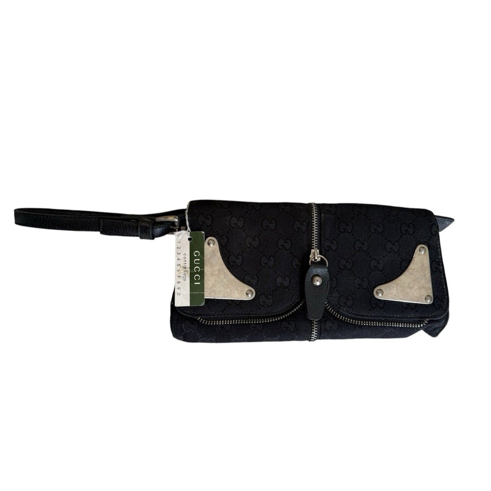 Vintage Gucci Clutch Bag Wristlet Purse Canvas Black Original Tag Attached - Picture 1 of 9